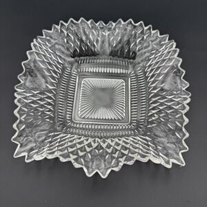 Vintage‎ Indiana Glass Diamond Point Square Ruffled Edge Candy Trinket Dish 4"